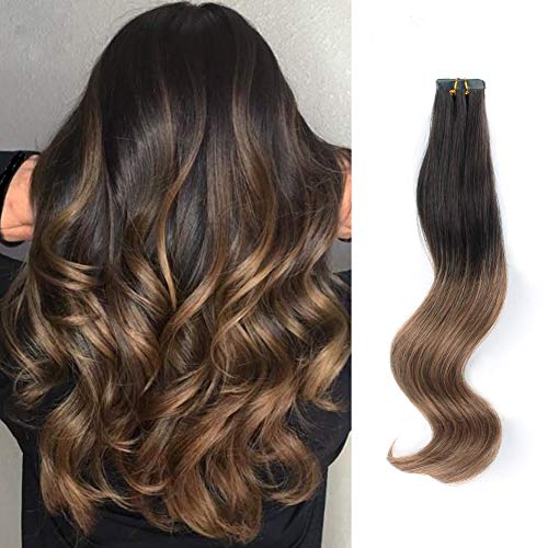 ABH AMAZINGBEAUTY HAIR Ombre Tape in Hair Extensions, Invisible, Seamless and Reusable, Two Toned Dark Brown Fading into Chestnut Brown T2-6, 20 Inch