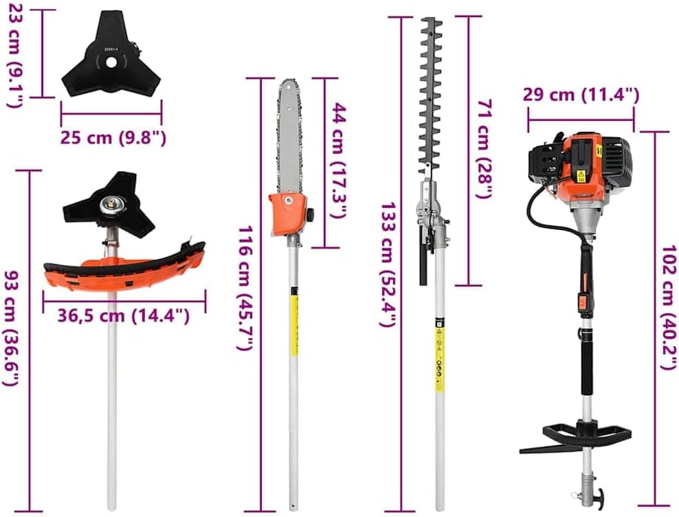 Dimensions of the 4-in-1 brush cutter attachments: pruner, hedge trimmer, grass trimmer, and engine unit