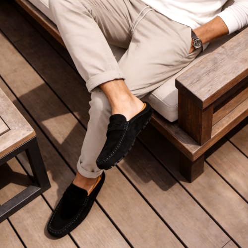 Image of Go Tour Mens Handmade Suede Leather Mules Clog Slippers Breathable Leather Slip on Shoes Casual Loafers