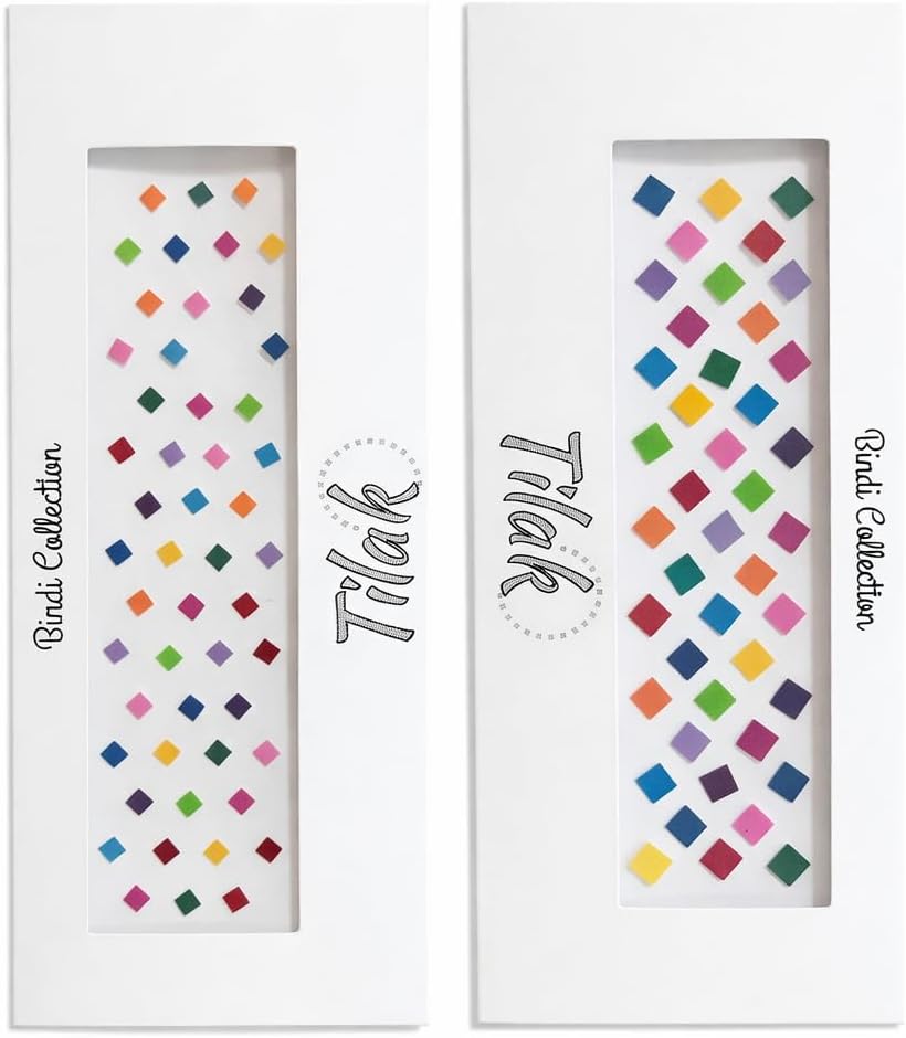 Royal Look Multi Stylish Bindi Set – Square, Colorful Round & Tiny Black Dot Bindi | Forehead Stickers for Women & Girls | sindoor pottu bottu sticker Kumkum Collection (2, squre multi colour)