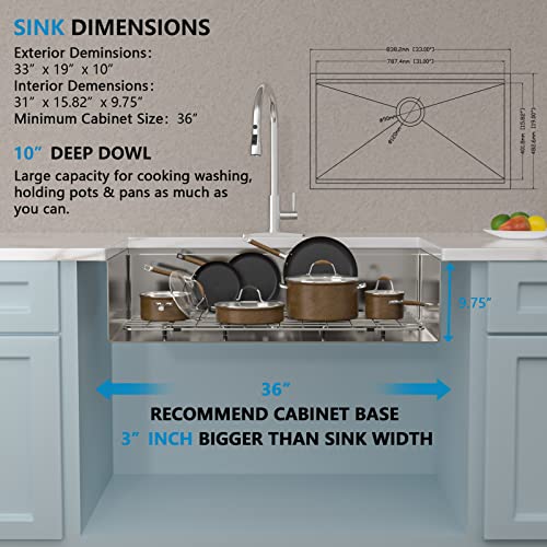 Image of 33 Undermount Kitchen Sink - Fulorni 33 inchx19 inch Kitchen Sink Ledge Workstation 16 Gauge 304 Stainless Steel Under Counter Single Bowl Basin