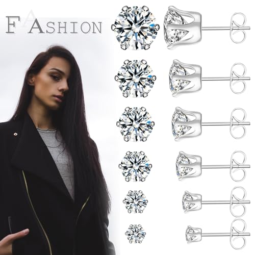 Stainless Steel Stud Earrings Set Hypoallergenic Cubic Zirconia 14K White Gold CZ Earrings for Women2