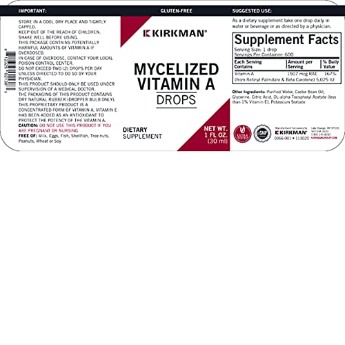 Kirkman - Mycelized Vitamin A Liquid - 30Ml - Essential Vitamin - Supports Immune Health - Hypoallergenic #TOP2