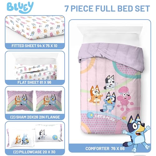 Image of Bluey Bingo Full Comforter Set 7 Piece Kids Bedding for Girls, Pink | Bed in a Bag, Comforter Sheets Shams Pillowcases, Official Brand, Soft Microfiber, Machine Washable, Girls Gift
