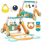 Jovow 2 in 1 Baby Gym with Walker,Baby Play Mat with 5 Infant Learning Sensory,Double-Sided Multifunctional Removable Play Piano Panel,Sit-to-Stand Learning Walker for 0-24 Months Boy Girl [Orange]