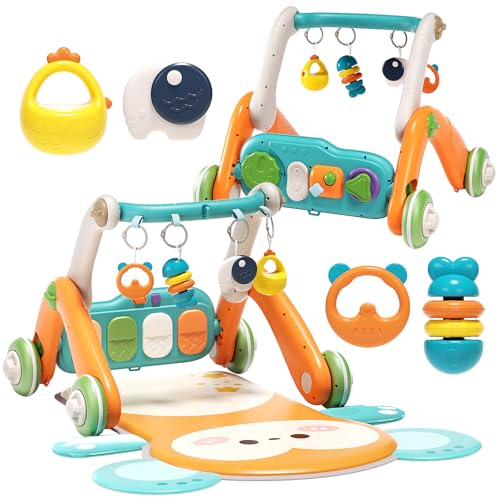 Image of Jovow 2 in 1 Baby Gym with Walker,Baby Play Mat with 5 Infant Learning Sensory,Double-Sided Multifunctional Removable Play Piano Panel,Sit-to-Stand Learning Walker for 0-24 Months Boy Girl [Orange]