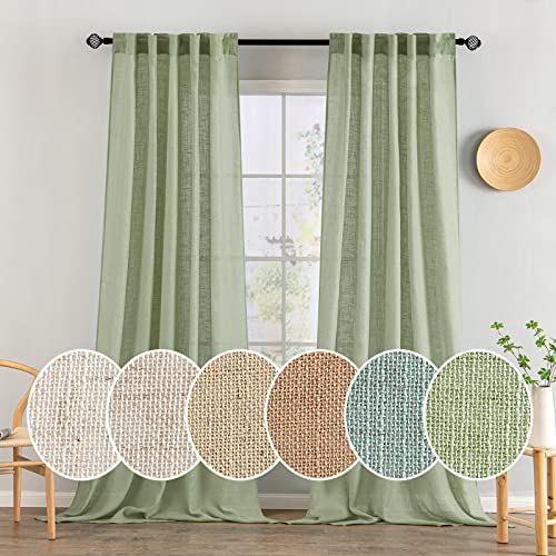 MIULEE Sage Green Linen Curtains 96 Inch Long for Bedroom Living Room, Soft Thick Linen Textured Window Drapes Semi Sheer Light Filtering Back Tab Rod Pocket Burlap Look Farmhouse Decor, 2 Panels