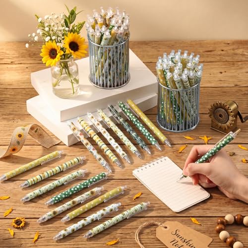 Image of Jetec 108 Pcs Sunflower Pens Bulk Ballpoint Pens Sets Stuff Aesthetic Retractable Office Supplies Gift for Student Teacher Writing Journal Planning Notepad Desk Decor for Women Men Nurse Staff