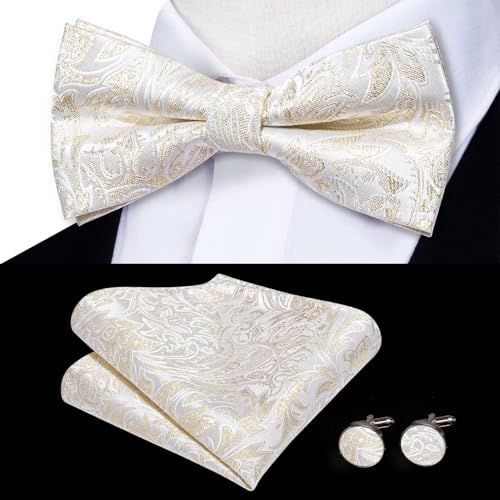 Image of Hi-Tie Bow Ties for Men Pre-Tied Pocket Square with Cufflinks Mens Bowtie Sets for Wedding Formal Party