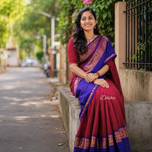 Image of Narayanpet Pure Cotton Avani Border Saree for Women with Running Blouse | Tassels | Traditional Woven Solid Design | Handloom Weave