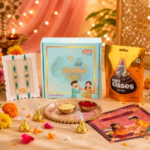 Image of Gifticon Rakhi Set for Brother with Chocolate | Premium Designer Rakhi, Chocolate, Roli Chawal, Greeting Card & Premium Gift Box | Rakhi Hamper for Raksha Bandhan