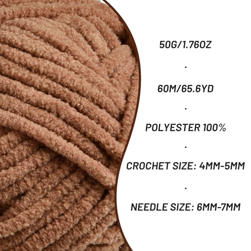 Image of Plush Chenille Chunky Crochet Yarn - Baby Yarn for Crocheting Soft - Velvet Yarns Knitting for Blankets Crafts - Fluffy Amigurumi Yarns 50g / 65.6yd (Light Coffee)
