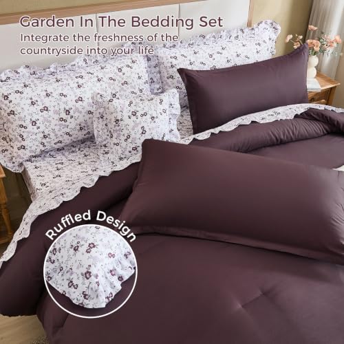 Image of WONGS BEDDING 8PC Queen Comforter Set, Ruffle Comforter with Floral Sheets