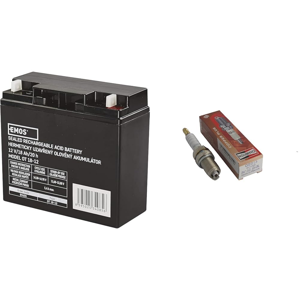 Les emos Entretien libre Accumulateur au plomb 12 V, 18 Ah, 1 pièce, b9655 & CHAMPION - Bougie D'Allumage CHAMPION RC12YC - Durable & Fiable - Haute Qualité