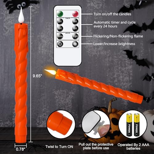 Image of Flickering Flameless Taper Candles with Remote and Timer, 2 Pack Battery Operated LED Taper Candles 3D Wick Plastic Dripping Effect Dinner Halloween Indoor Decor(Orange, 0.78 inch D x 9.65 inch H)