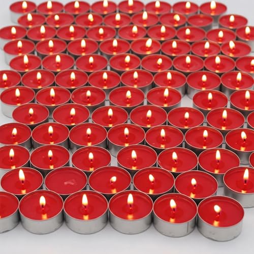 Image of Unscented Tea Light Candles | Soy Wax Blend Long-Lasting with Cotton Wick | Perfect for Home Decor, Parties, Weddings, and More | Set of 100 (Red)