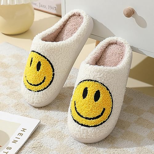 Hausschuhe mit Fröhliches Gesicht Damen Herren Weicher Plüsch Retro Hausschuhe Frauen Bequeme Warme Pantoffeln Trendiger Slipper drinnen und draußen,35-46 EU – Bild 4