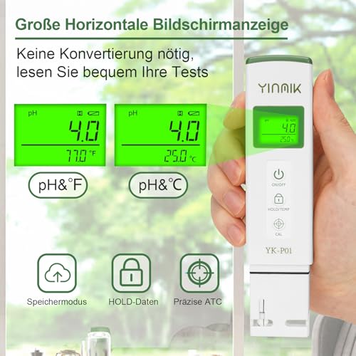 YINMIK pH Messgerät, Digitaler pH Tester für Wasser, Genaues pH-Temperatur Messgerät mit ATC für Pool, Spa, Hydro[onic, Whirlpool, Zimmerpflanzen, Trinkwasser, Wein, Bier, Heimbrauen, Aquarium