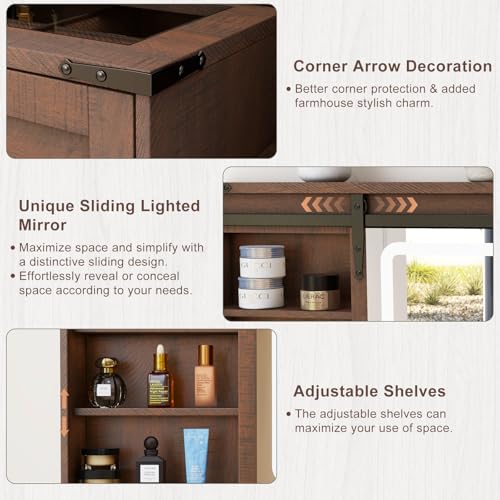 Image of Farmhouse Makeup Vanity Desk with Sliding Mirror and Lights, 42 Wood Vanity Table Set with Glass Top, Power Outlets, Jewelry Storage Cabinet, 4 Drawers, Stool for Country Room Decor, Vintage Cocoa