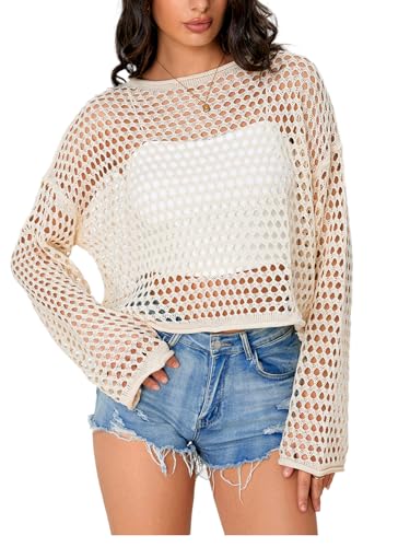 Image of Verdusa Women's Crochet Hollow Out Drop Shoulder Sweater Knit Pullover Tops Apricot Medium