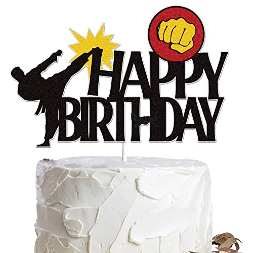 Karate Happy Birthday Cake Topper Black Glitter Kung Fu Black Belt Taekwondo Themed Party Supplies for Boys Girls Men Women