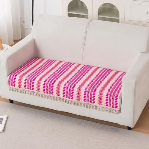 Image of HOKIPO 'Artisan Boho Series' 2 Seater Sofa Cover Mat | 450 GSM Cotton Acrylic Jacquard with Tassel, Fuchsia Pink (IN-902-A5*S)