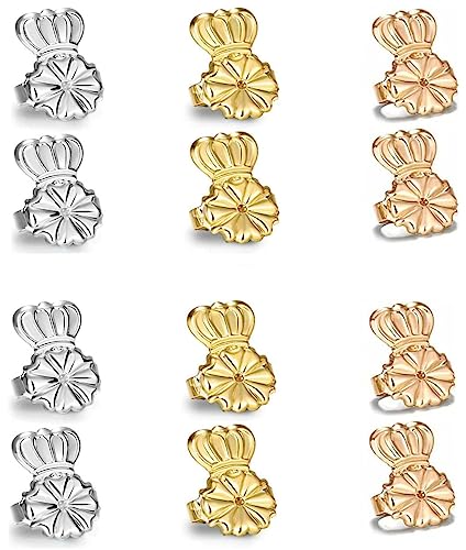 【6 Pairs】Earring Lifters, Adjustable Hypoallergenic Earring Secure Backs, 18K Gold Plated, Sterling Silver, Rose Gold Plated, Crown Style