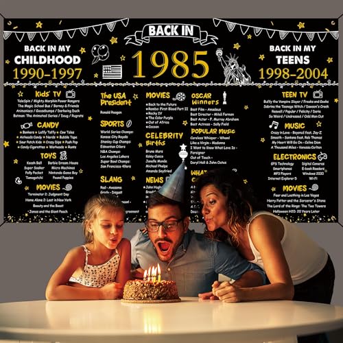 Image of DARUNAXY 41st Birthday Black Gold Party Decoration, Back in 1985 Banner Cheers to 41 Years Old Birthday Party Poster Supplies, 6 * 3.6FT Vintage 1985 Backdrop Photography Background for Men and Women