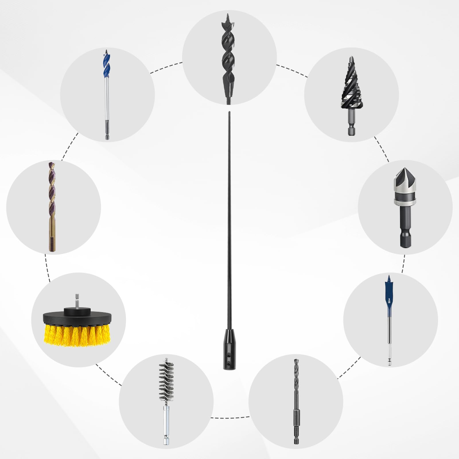 Extensión flexible para brocas, (3 pies) 35 pulgadas. Extensión de soporte de broca flexible larga, compatible con vástago hexagonal de 1/4 pulgadas y 3 planos con llave hexagonal y tornillos de