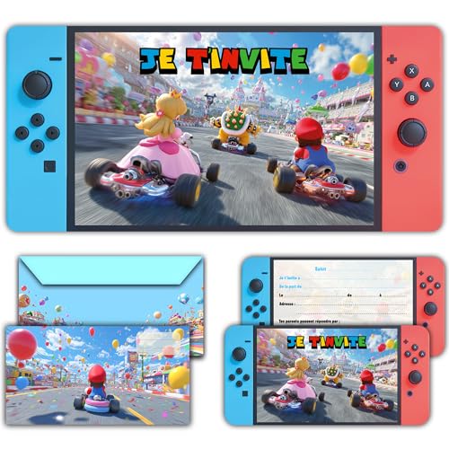 Glowiibo Lot de 12 Cartes Invitation Anniversaire pour Jeux Vidéo Switch avec Enveloppes Assorties - Idéal Enfant Garçon Ado - Cartons Préremplis en...