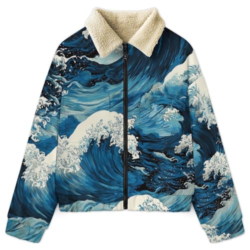 Veste polaire femme vagues Kanagawa en sherpa de qualité supérieure avec finitions soignées bleu