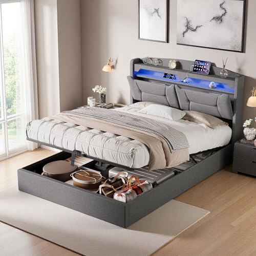 Zorvani Boxspringbett 140x200 cm, Doppelbett mit Stauraum, LED Polsterbett mit USB & Kopfteil, Hydraulisches Stauraumbett, Jugendbett, Bettgestell mit Lattenrost, ohne Matratze, Leinen, Grau