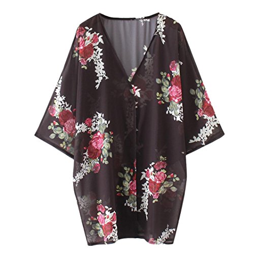 Tootu Women Chiffon Loose Shawl Print Kimono Cardigan Top Cover Up Blouse Beachwear (S, Black)