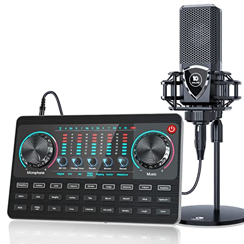 Mixeur DJ, Table de Mixage DJ avec Carte Son,Contrôleur dj avec Microphone XLR vers 3,5 mm, Interface Audio avec convertisseur de son et effet de mélange, pour PC, YouTube, Enregistrement Cover