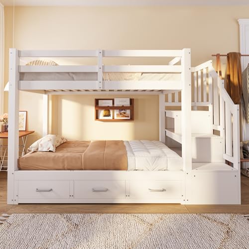 TIZZ 90 x 200 cm, litera, cama nido 90/180 x 190 cm, con escalera de almacenamiento con varios cajones, función de cama nido, cama juvenil, somier, cama de madera, color blanco