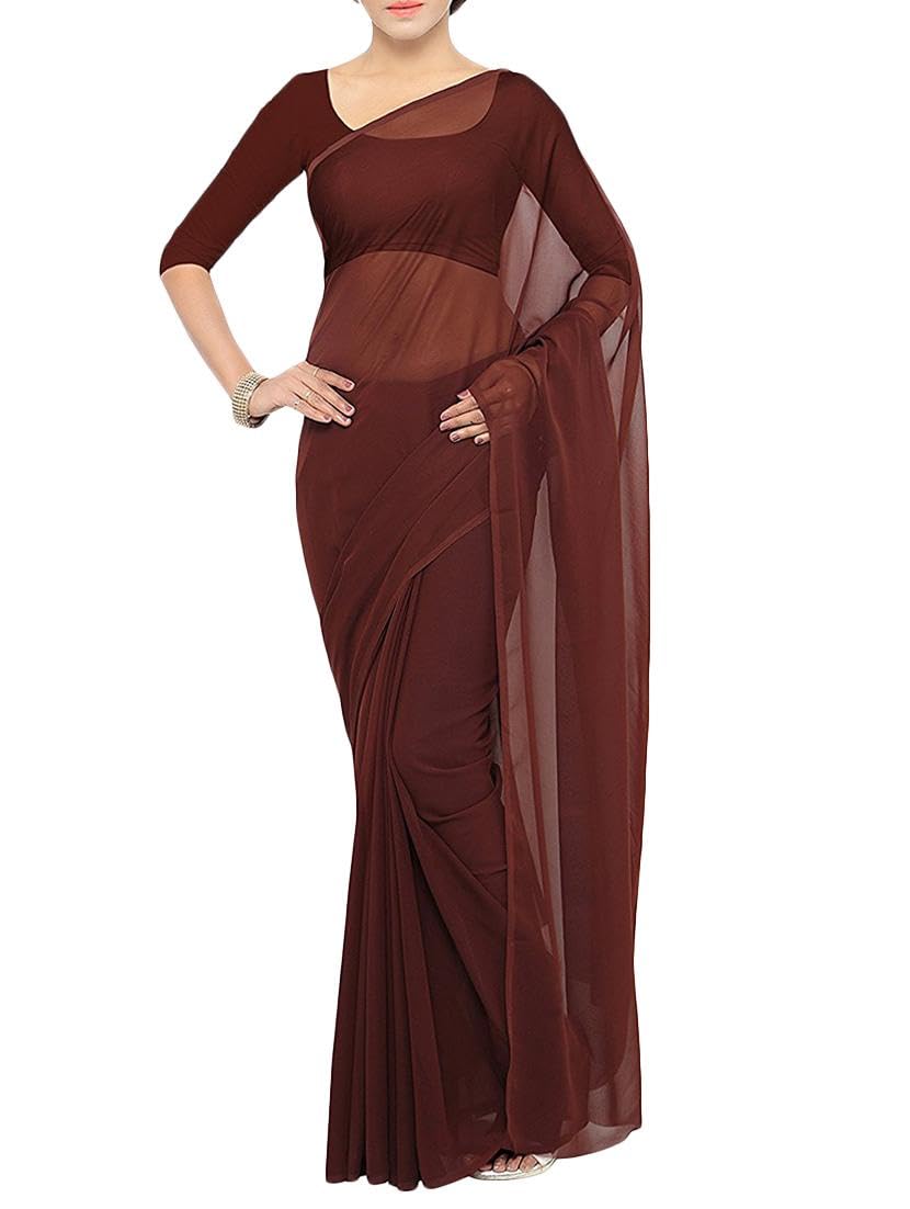 Brown Georgette Plain Saree with Unstitched Blouse Piece.-picture-40