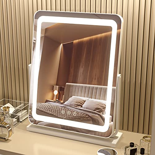 Primetek Makeup Vanity Mirror With Lights - Large Lighted Mirror For Desk, Bedroom, Dressing Room Tabletop, Light Up Mirror With Dimmable 3-Color Led, Magnification, Memory Function, White, 18"Lx22"H #TOP24