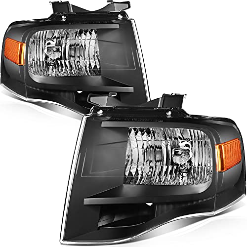 CCIYU Headlight Assembly For Ford For Expedition 2007-2014 Black Housing Amber Reflector Clear Lens Headlamps