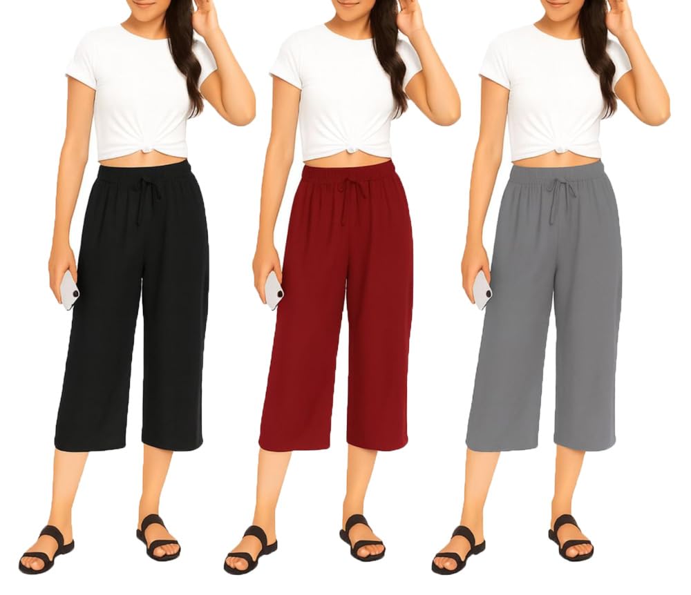 Womens Cotton Plain Loosefit Capri, 3/4th Capri For Women (Pack Of 3)-image-5