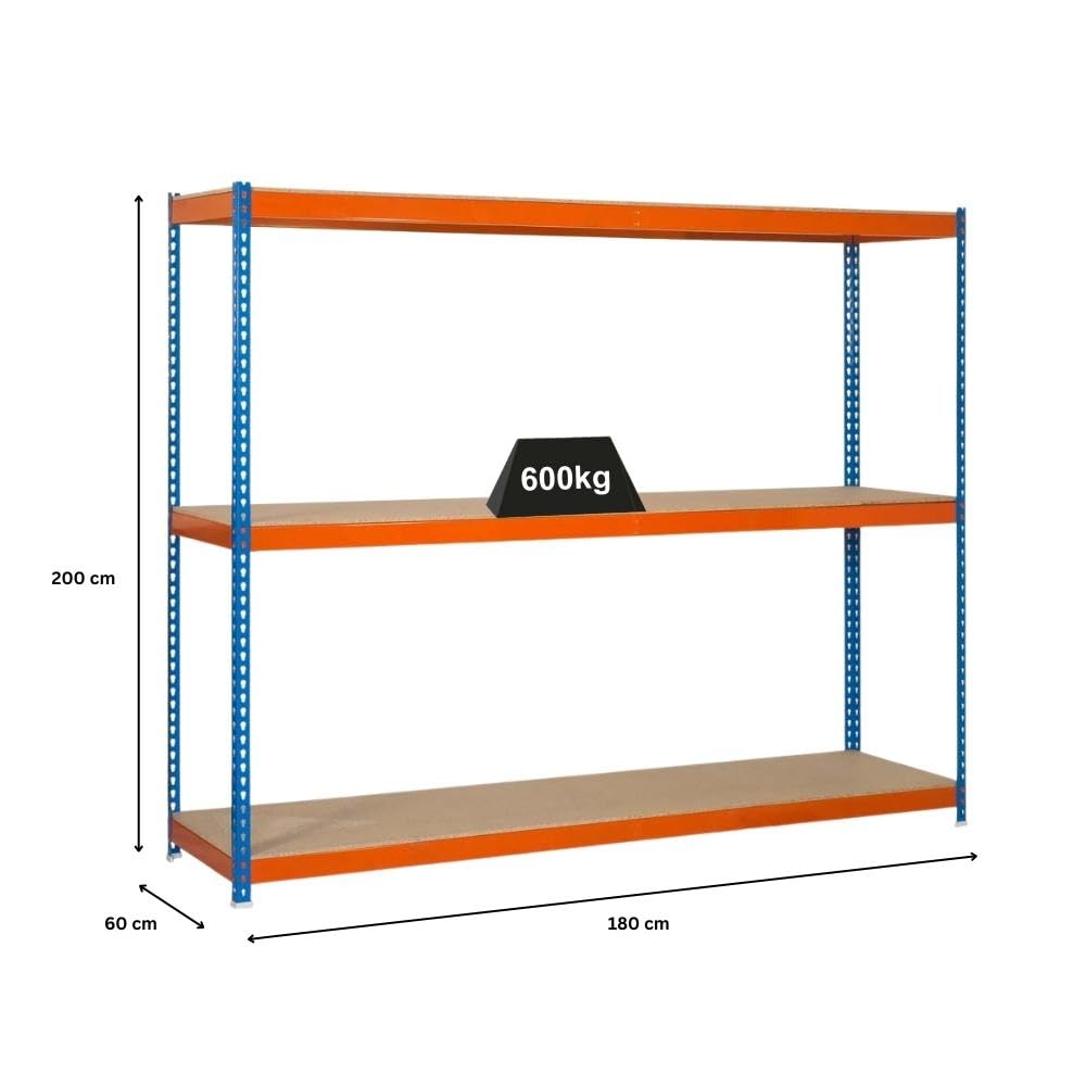 PROREGAL Schwerlastregal Wood Beast Three | HxBxT 200x180x60cm | Fachlast 600kg | Blau-Orange | Werkstattregal Lagerregal Palettenregal