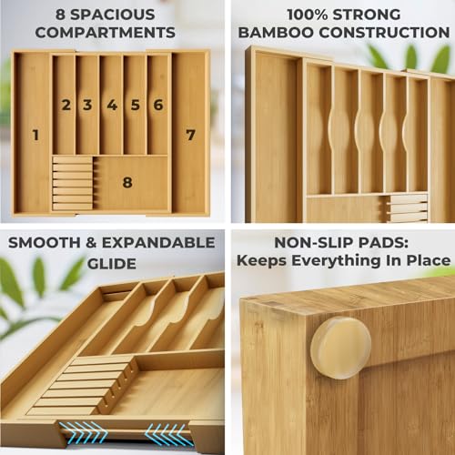 Premium Expandable Kitchen Drawer Organizer - 100% Bamboo Organizer Tray - Great for Silverware, Large Utensils, Flatware, Cutlery - 8 Compartments with Knife Block - Perfectly Fits Your Drawers Premium Expandable Kitchen Drawer Organizer - 100% Bamboo Organizer Tray - Great for Silverware, Large Utensils, Flatware, Cutlery - 8 Compartments with Knife Block - Perfectly Fits Your Drawers
