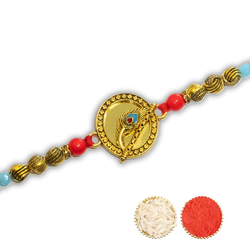 Image of Canton Rakhi With Chocolate Gift Combo, Pack of 3 Designer Rakhi For Brother With Chocolate Gift, Roli & Greeting Card (Design-14, Rakhi With Celebration)