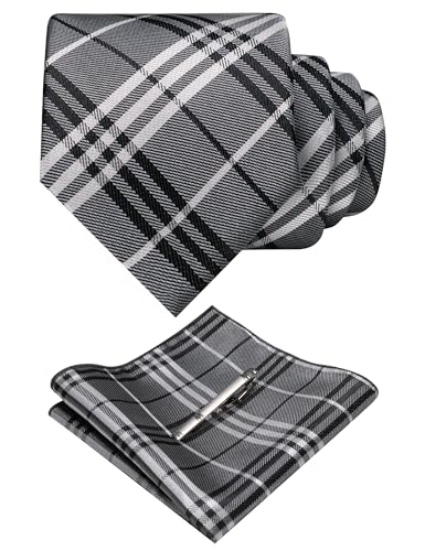Image of RBOCOTT Silk Stripe Plaid Tie and Pocket Square with Tie Clip Sets for Men