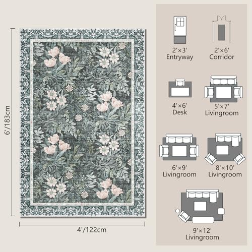 Image of Vintage Floral with Ornate Border Washable 4x6 Area Rug, Soft Low Pile Carpet for Living Room, Dining Room Under Table, Bedroom | Non-Slip, Stain Resistant & Durable