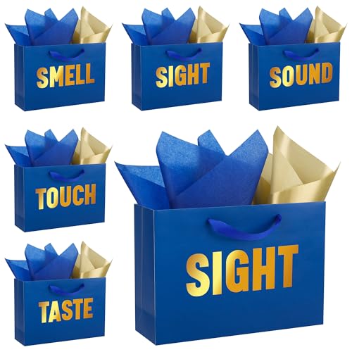 OEMVALATY 5 Senses Gift Bags for Him Her Five Senses Gift Bags with Handles and Tissue Paper Present Wrappings for Valentine Wedding Anniversary Party Birthday Graduation(Navy Blue, 12.6''x8.8''x4'')