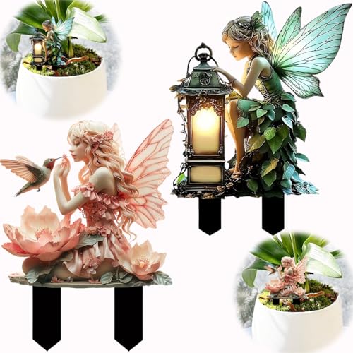 LUVDECO 2 Stück Feen Figuren Gartendeko Elfen Gartenfiguren aus Acryl Wetterfest für Draußen mit Stecker Fee Figur Statue Dekoration Figuren Gartenfigur Dekofiguren Elfenstatue Feengarten UV-Schutz