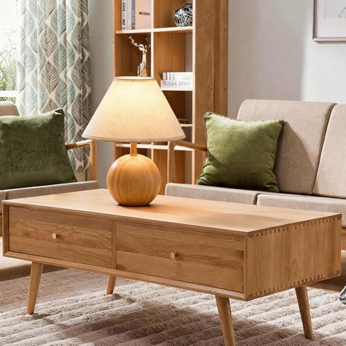 Image of Wood Table Lamp for Bedroom, Flaxen Fabric Shade Small Desk Lamp for Living Room,Decor Ambient Bedside Lamps for Night Stands,LED Bulb (not Included)