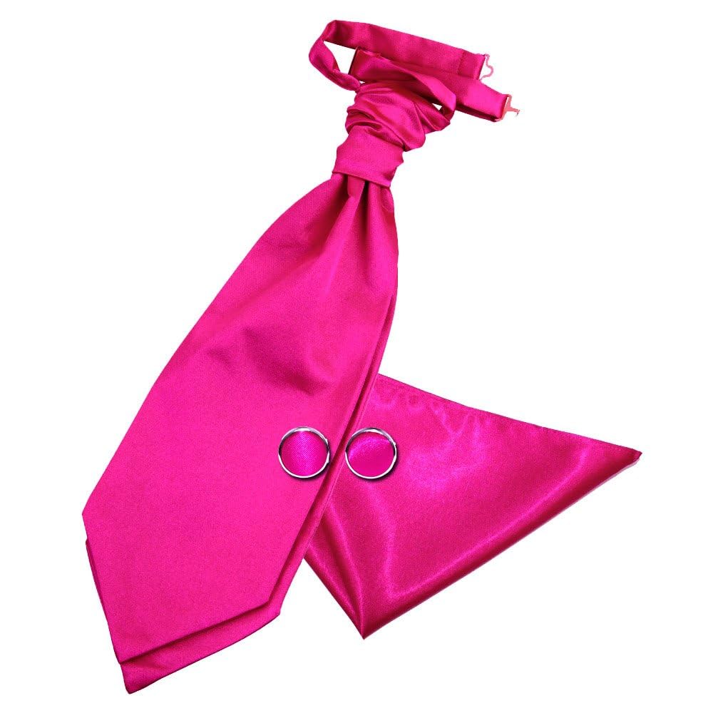 Dqt Men's Hot Pink - Pre-Tied Plain Satin Cravat Ascot Tie & Pocket Square Set With Cufflinks – Wedding Business & Formal - Hot Pink (Pre-Tied)