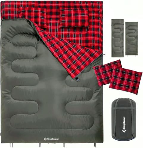 Image of KingCamp Double Sleeping Bag for Adults, Queen Size 2 Person XXL Flannel Sleeping Bag, Waterproof Lightweight Flannel Quilt with 2 Pillows, Perfect for Couples Family Camping Hiking