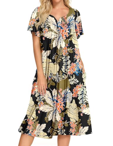 Bloggerlove Muumuu Dresses for Women Plus Size Moomoo House Dress Print Duster Housecoat with Pockets(Black,XXXL)